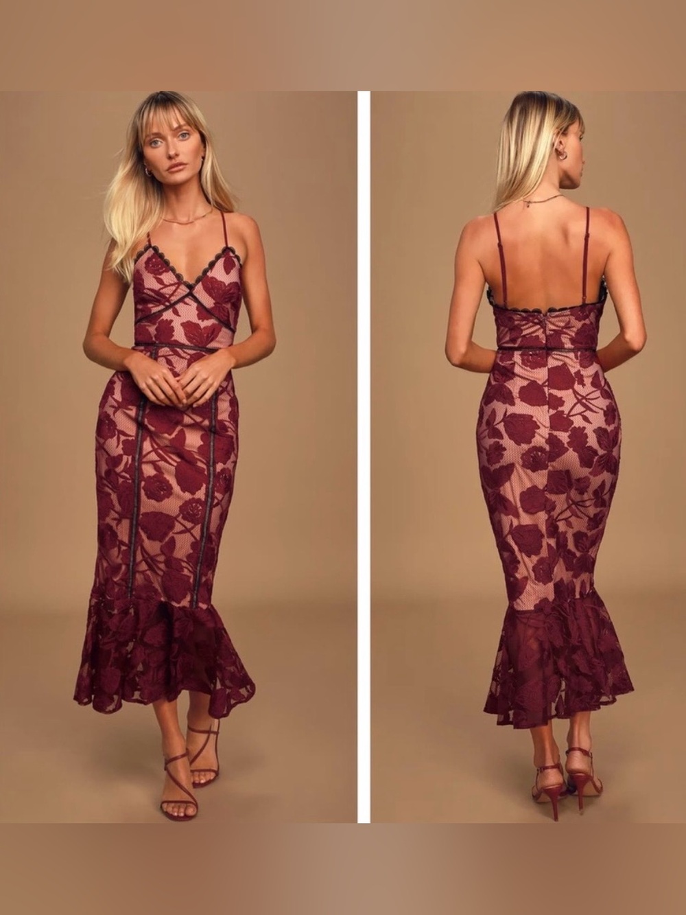 Lulus Alluring Dream Burgundy Floral Mesh Lace Trumpet Midi Dress, small.